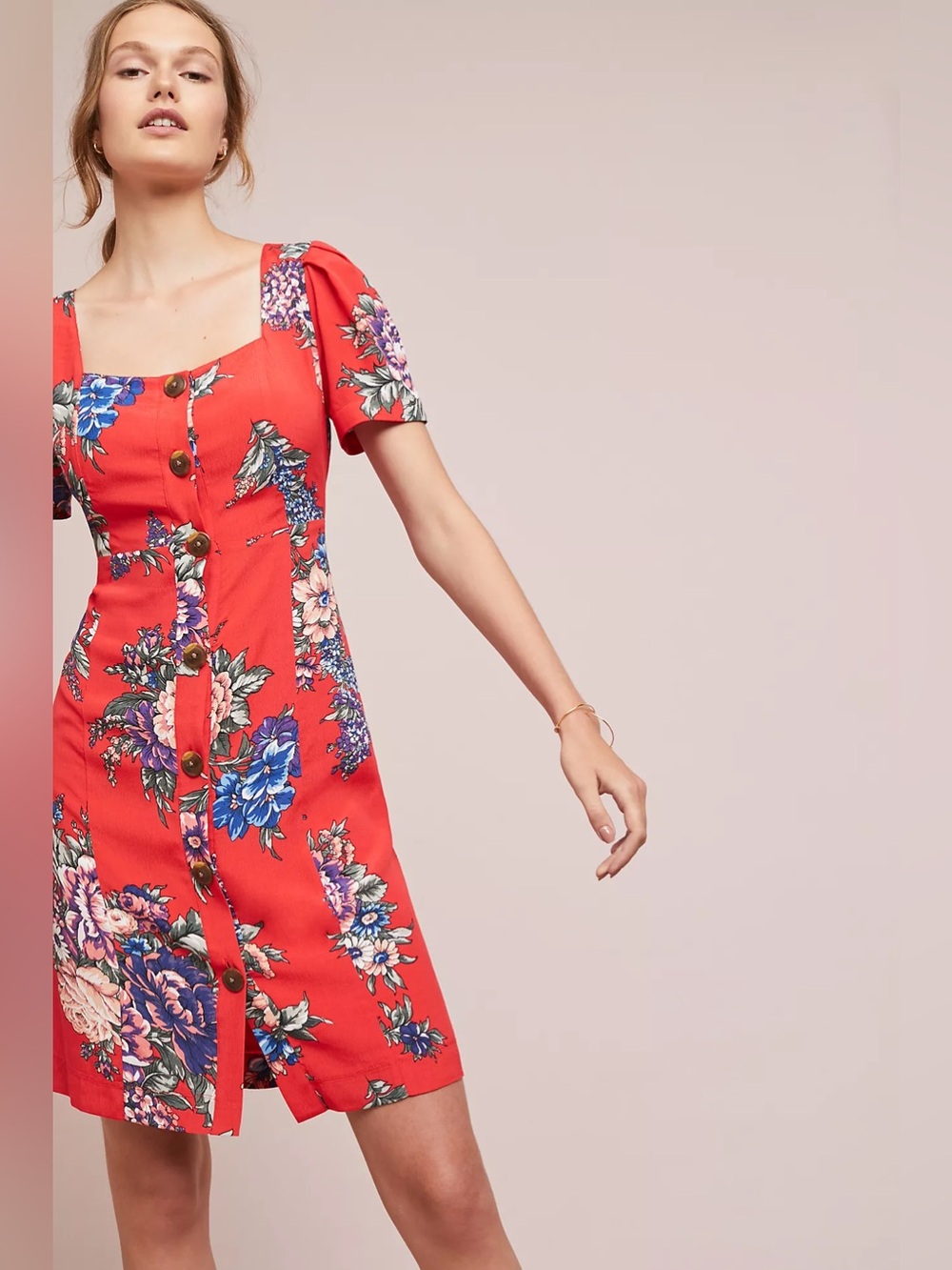 Anthropologie Maeve Caldwell Buttondown Dress 2 Red Floral Mini Square Neck